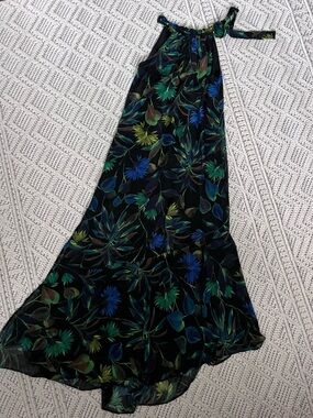Black Floral Maxi Dress with Blue & Green Leaves